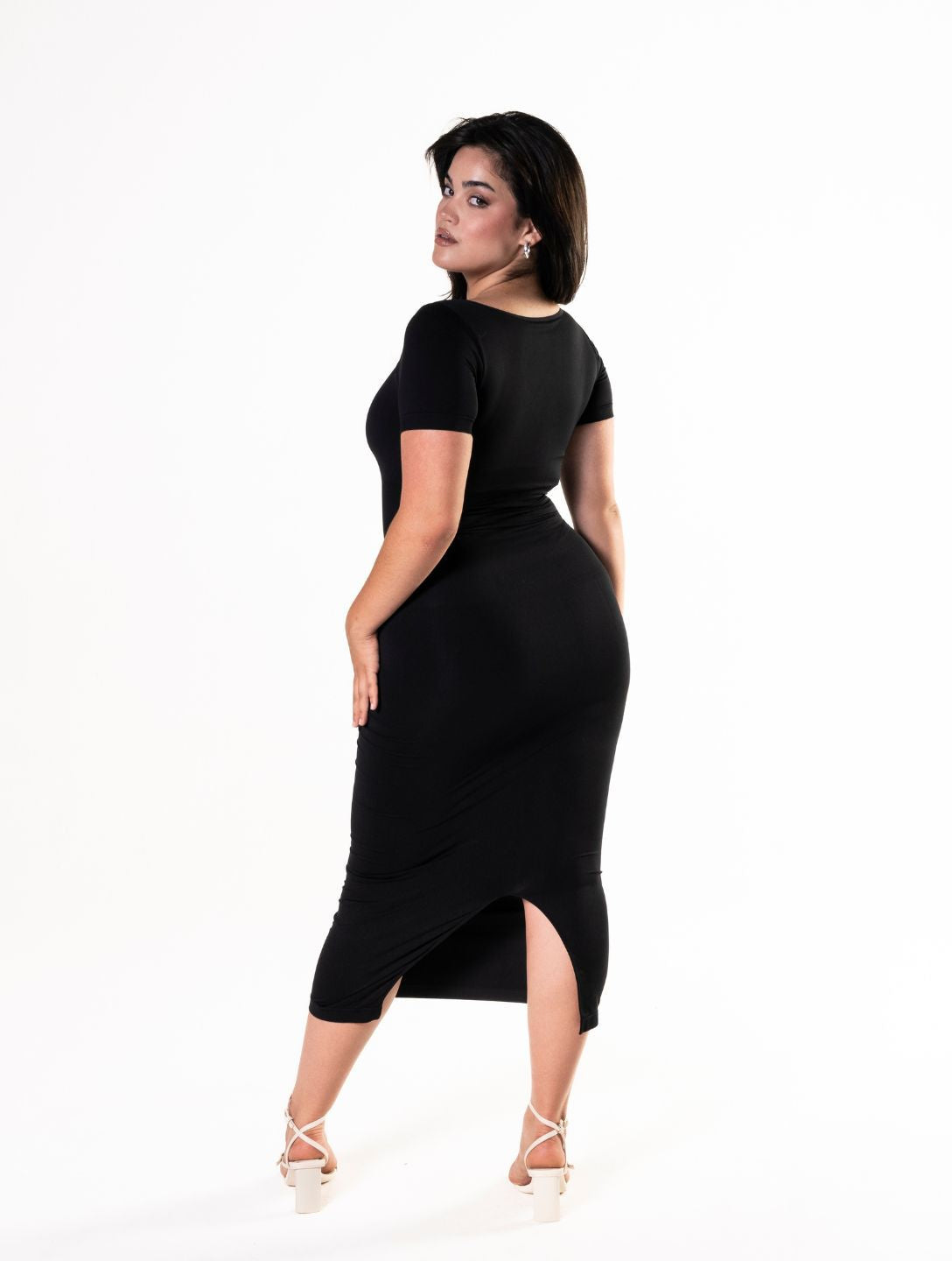 Bodycon Shapewear Midi Slit Dress with Short Sleeves